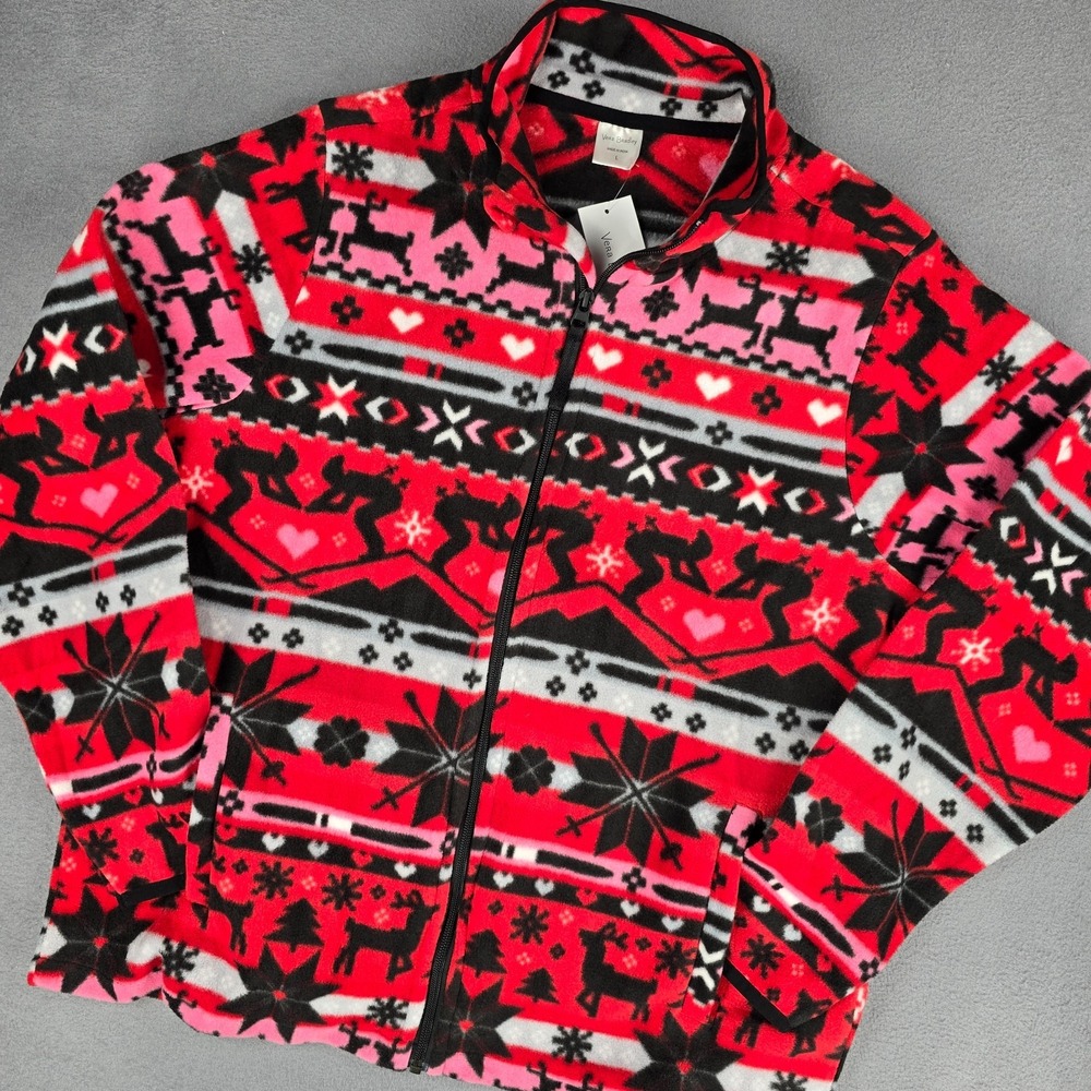 Vera Bradley Fleece Jacket Womens Large Red Nordic Stripe Zip Fair Isle Winter